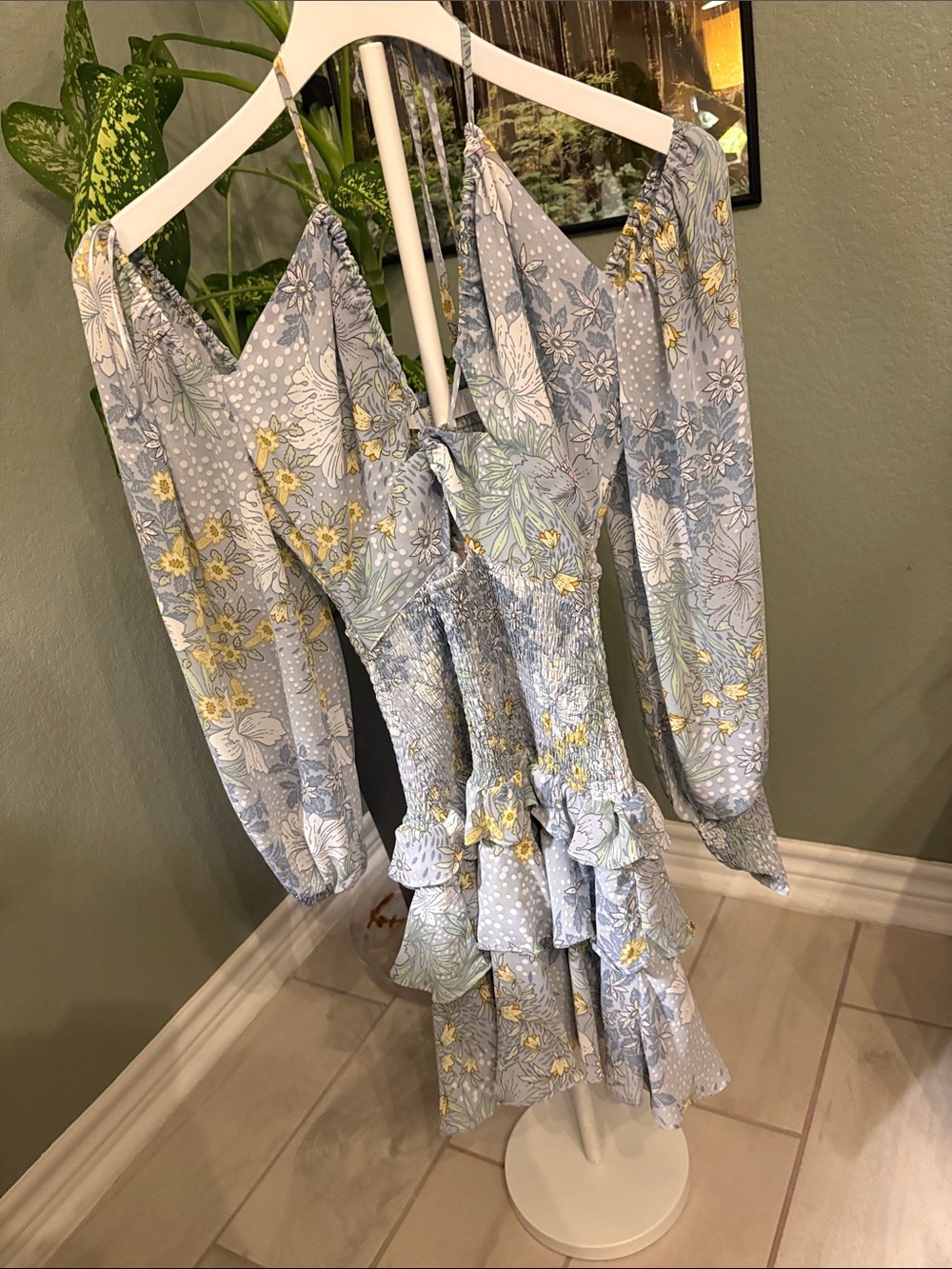Astr Floral Smocked Ruffle Mini Dress in Light Blue and Yellow